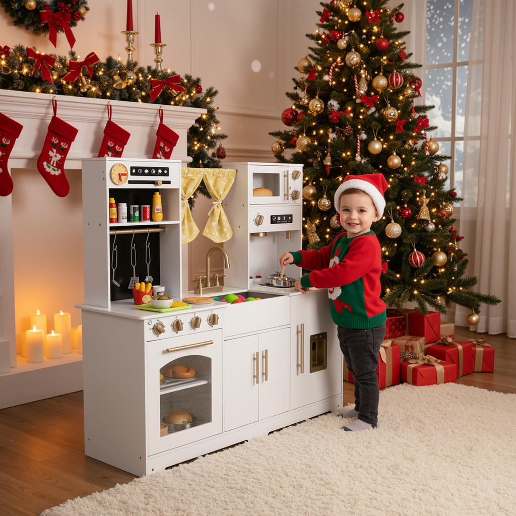 TLSUNNY Kids Play Kitchen with Realistic Lights & Sounds, Wooden Toy Pretend Play Kitchen Set w/ Sink, Faucet, Microwave, Curtain for Ages 3+