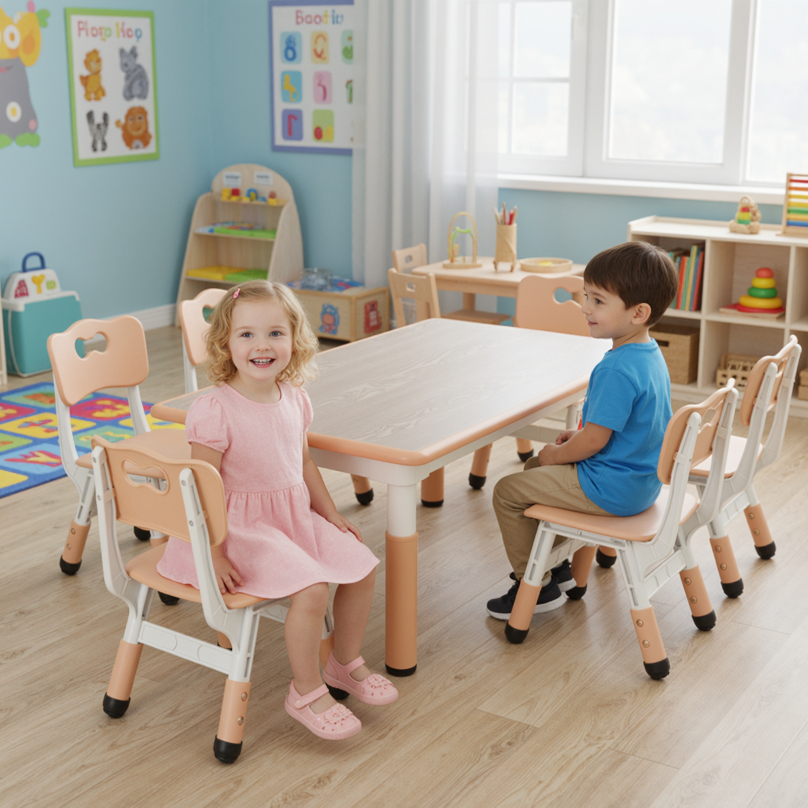 TLSUNNY Kids Table and 6 Chairs Set, Height Adjustable, Preschool Activity Table with Graffiti Top for Daycare Classroom, Ages 3-12