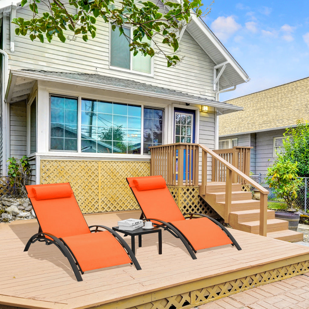 TLSUNNY Outdoor Lounge Set of 3, Aluminum Frame 2 Recliner Chairs & 1 Side Table with Adjustable Backrest and Removable Headrest, for Backyard, Pool, Patio Tanning