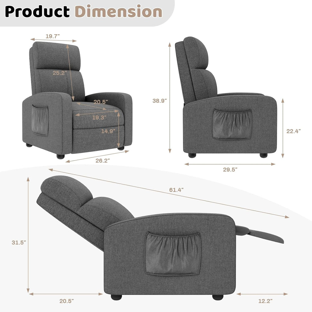 TLSUNNY Fabric Recliner Chair with Side Pocket, Thick Cushion Adjustable Lounger, Modern Home Theater Seating for Bedroom, Living Room