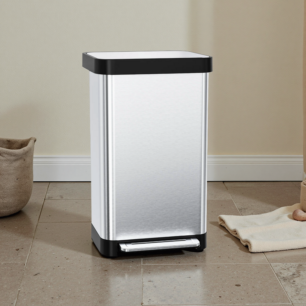 TLSUNNY 13.2 Gal Stainless Steel Trash Can, with 15 Trash Bags & Odor Control, Step-on Pedal Bin with Soft-Close Lid, No Inner Bucket, for Kitchen/Office