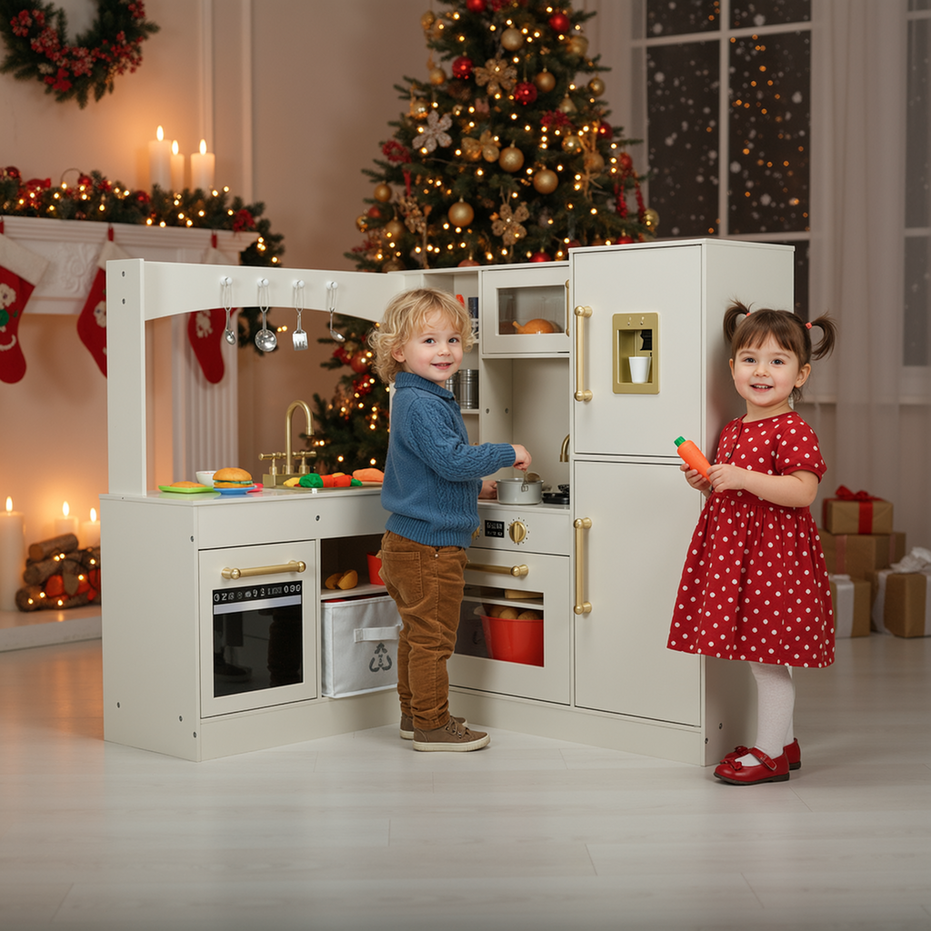 TLSUNNY Corner Play Kitchen with Lights & Sounds, Sink, Fridge, Microwave & Storage, Wooden Toddler Toy for Ages 3+