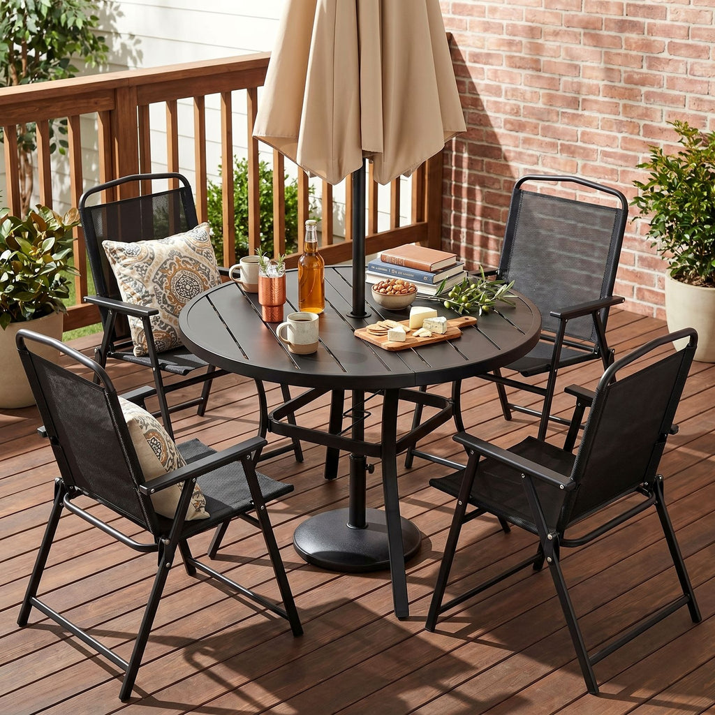 TLSUNNY Patio Dining Set, Folding Chairs and Round Table W/ Umbrella Hole Outdoor Dining Furniture for Bistro, Garden, Backyard, Deck