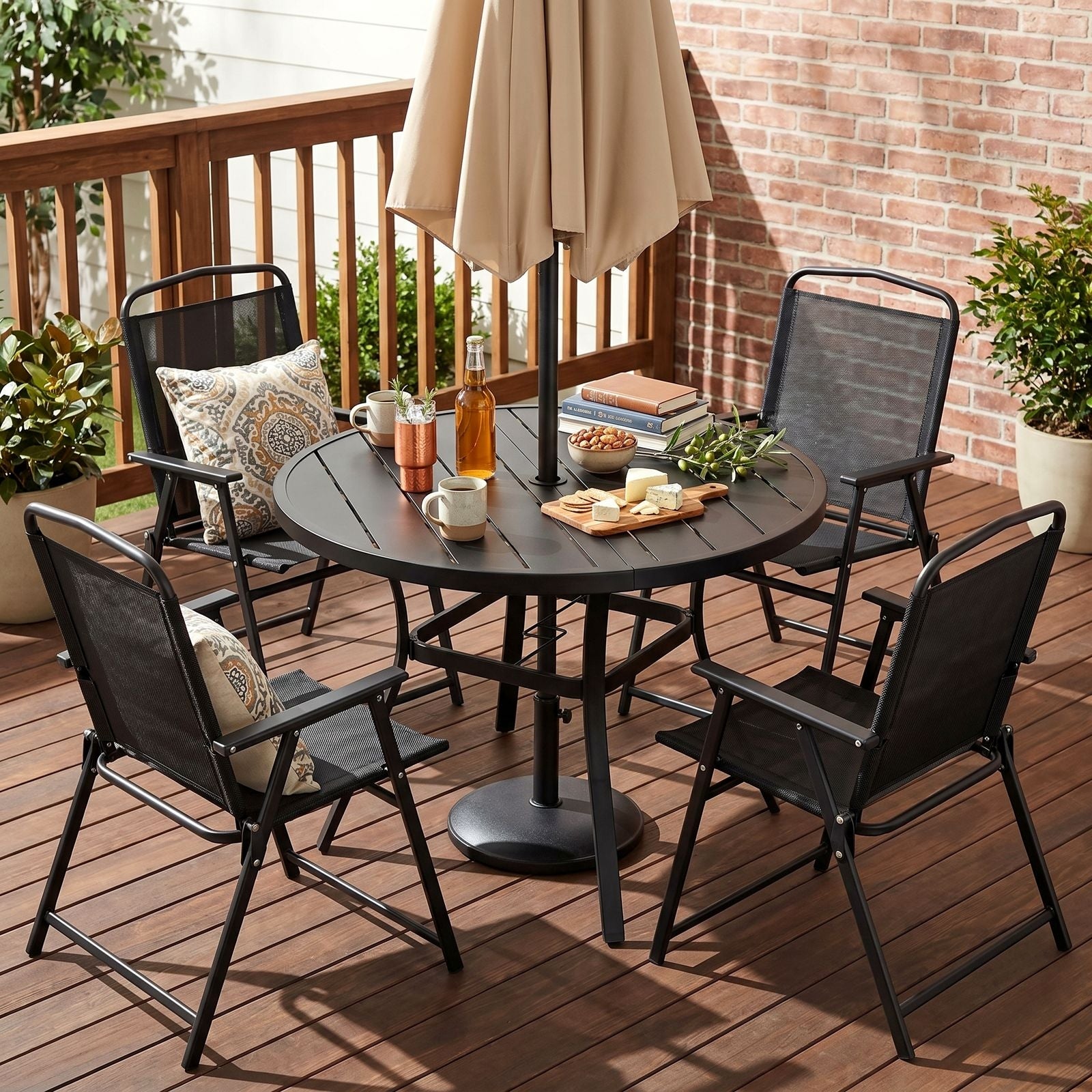 TLSUNNY Patio Dining Set, Folding Chairs and Round Table W/ Umbrella Hole Outdoor Dining Furniture for Bistro, Garden, Backyard, Deck