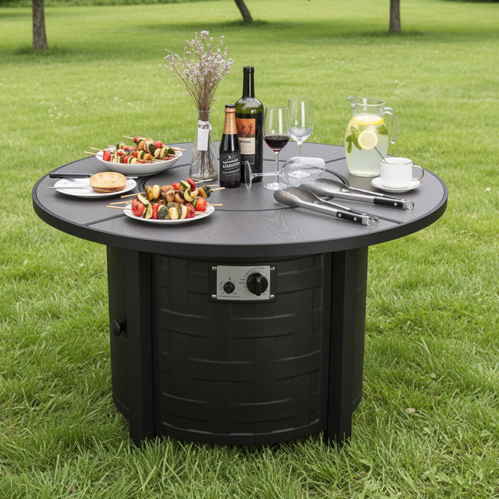 TLSUNNY 42‘’ Round Propane Fire Pit Table, 50,000 BTU Steel Firepit with Metal Lid, Waterproof Cover, Auto-Ignition, for Patio/Backyard