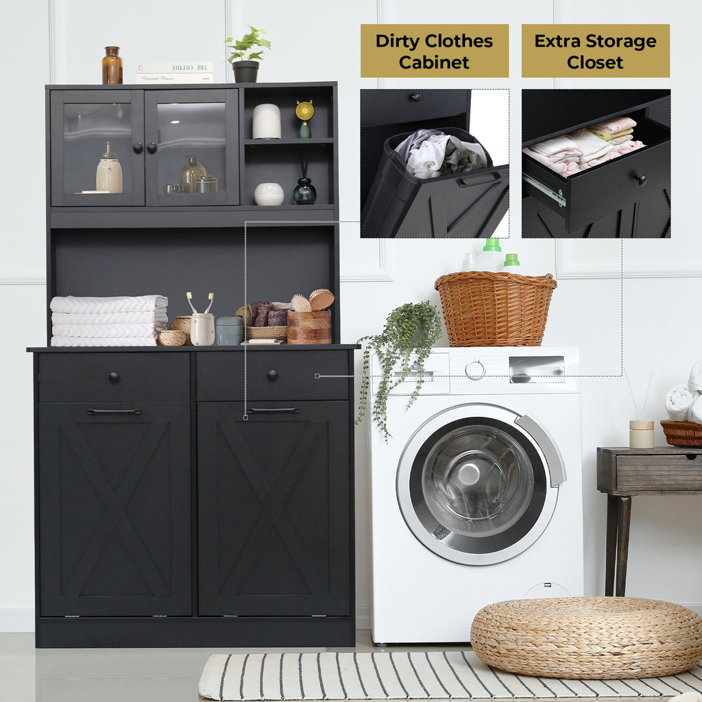TLSUNNY Double Tilt-Out Trash Cabinet, Freestanding Hidden Garbage Storage w/ Drawers & Shelves for Kitchen/Laundry Room