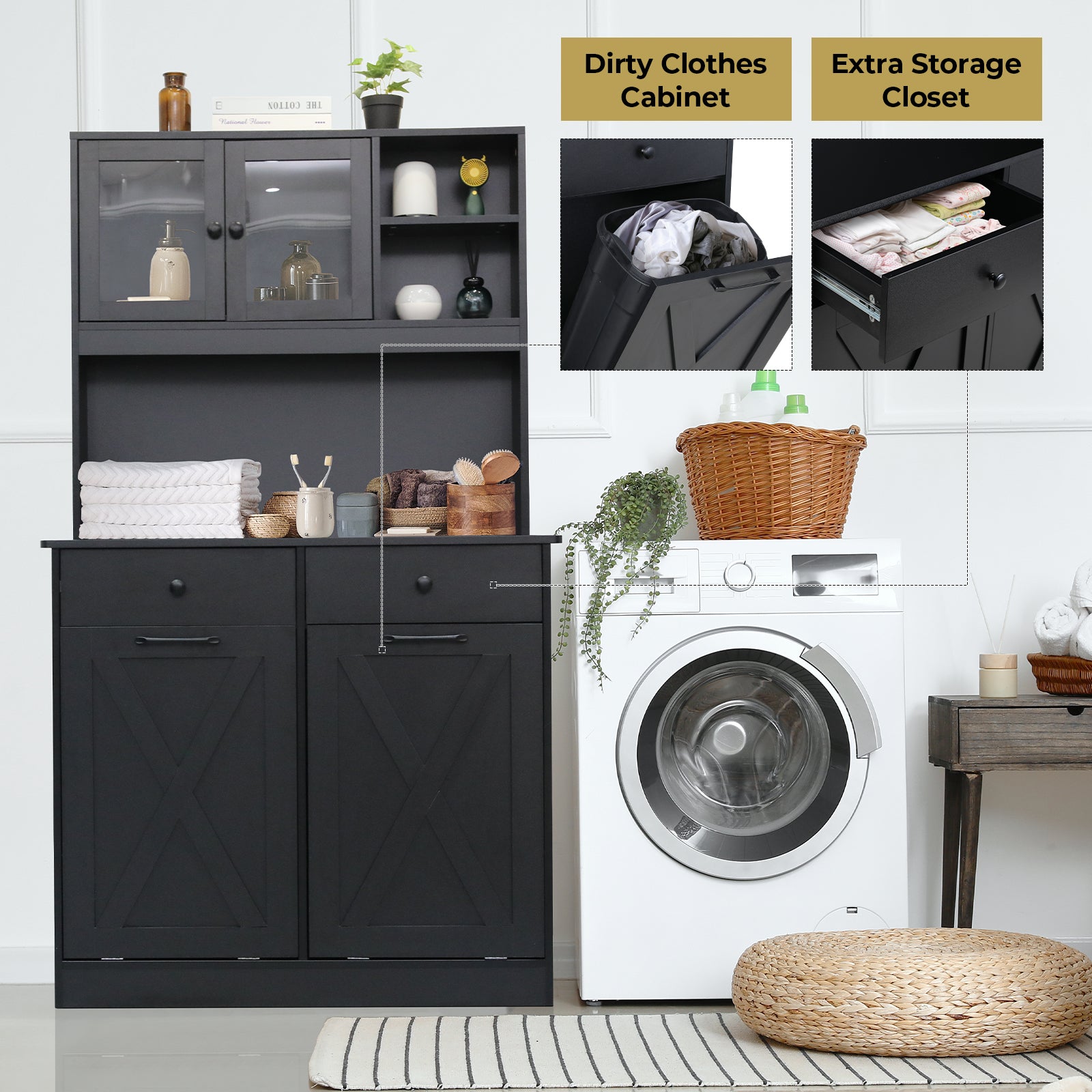 TLSUNNY Double Tilt-Out Trash Cabinet, Freestanding Hidden Garbage Storage w/ Drawers & Shelves for Kitchen/Laundry Room