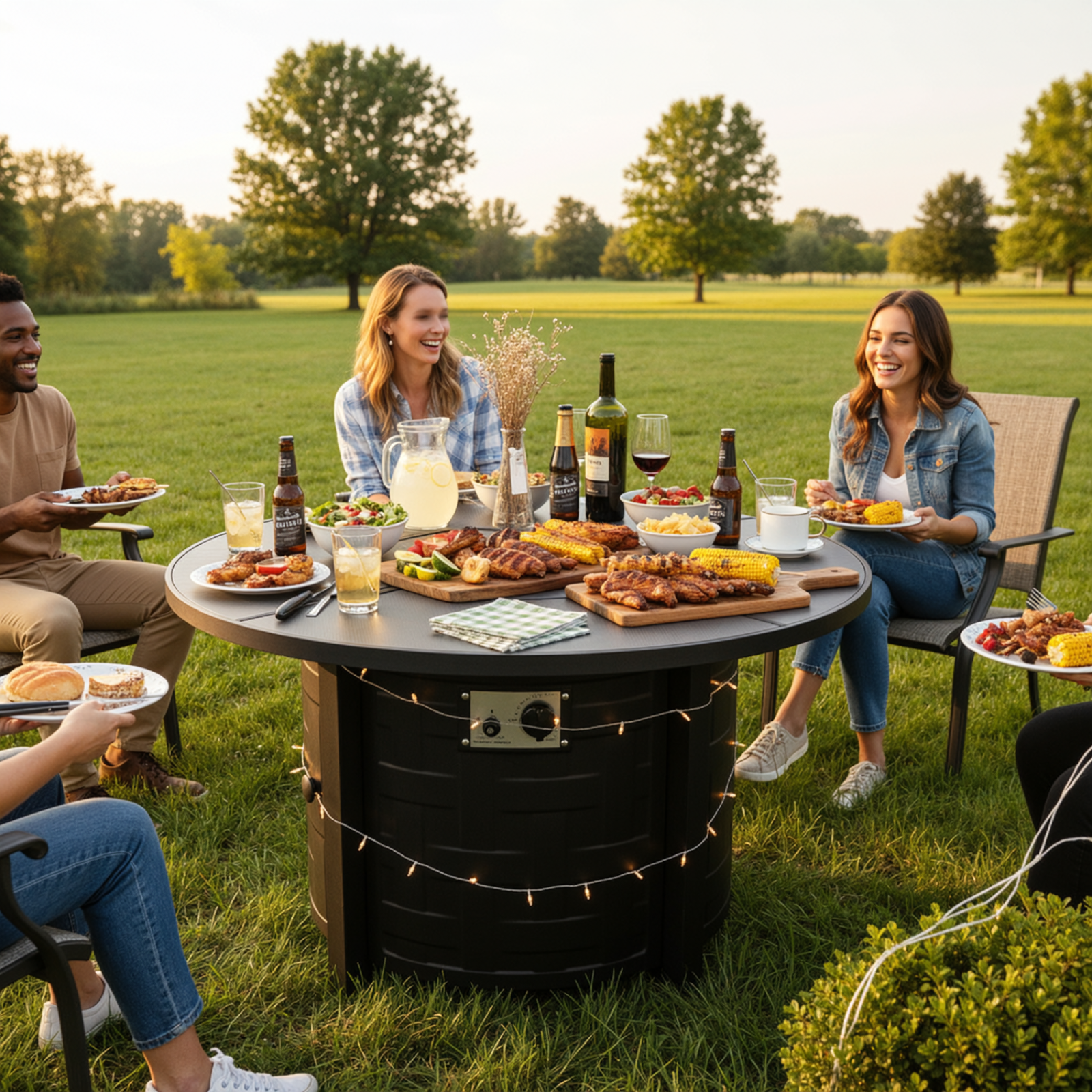 TLSUNNY 42‘’ Round Propane Fire Pit Table, 50,000 BTU Steel Firepit with Metal Lid, Waterproof Cover, Auto-Ignition, for Patio/Backyard