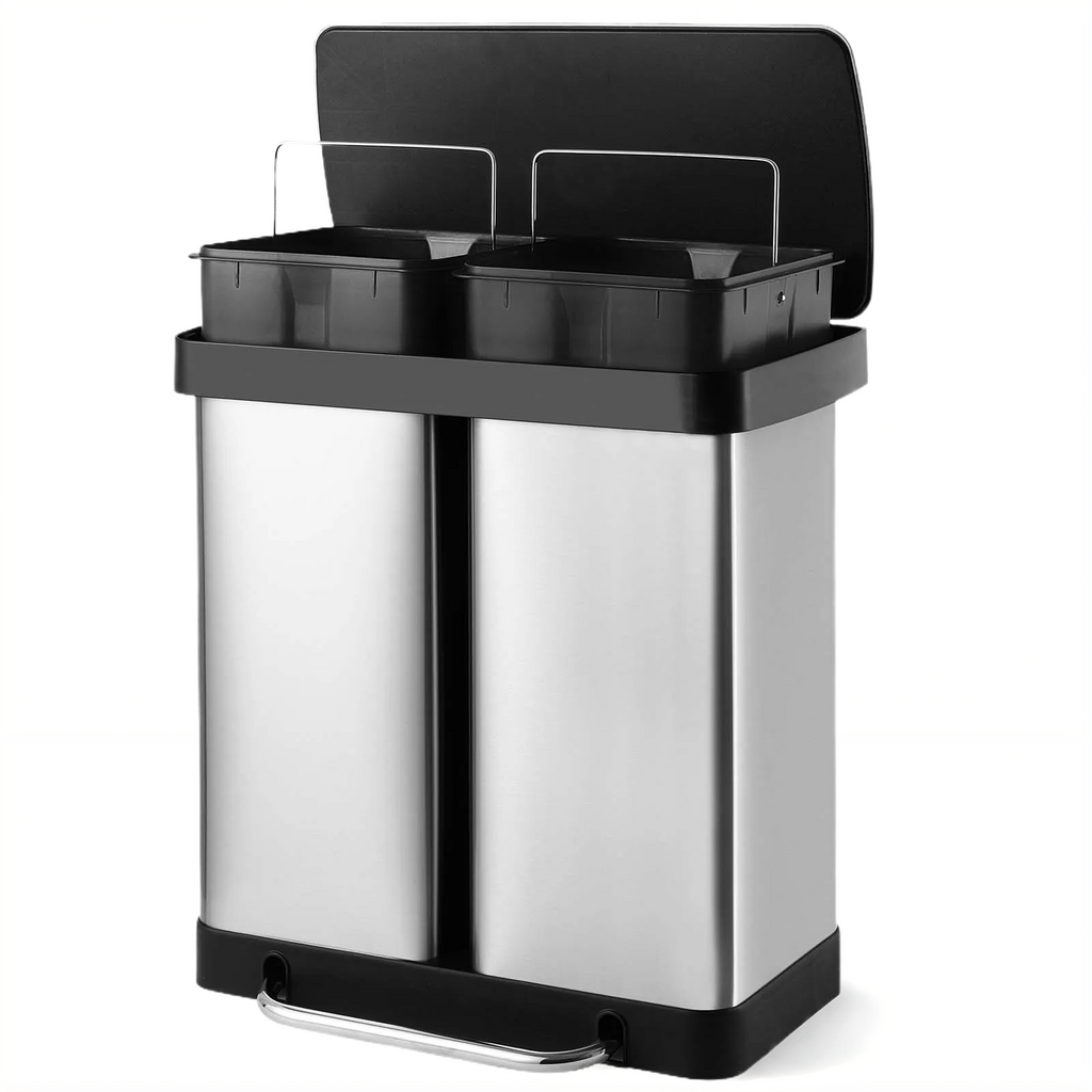 TLSUNNY 16 Gallon Dual Compartments Step Trash Can, Stainless Steel Kitchen Garbage Can Classified Recycling Bin, for Home, Office
