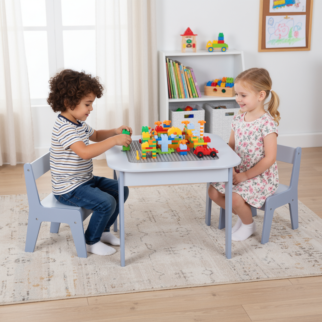 TLSUNNY Kids Table and 2 Chairs Set with Storage, Toddler Activity Table Set, Blackboard, Whiteboard & Building Blocks Tabletop, for Kids Ages 3+