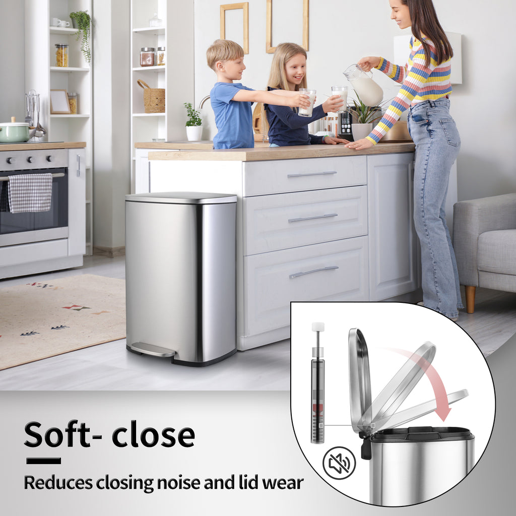 TLSUNNY 13.2 + 1.3 Gallon Kitchen Trash Can Combo, Stainless Steel Step Trash Can Set with Soft-Close Lid & Inner Bucket, for Home / Office