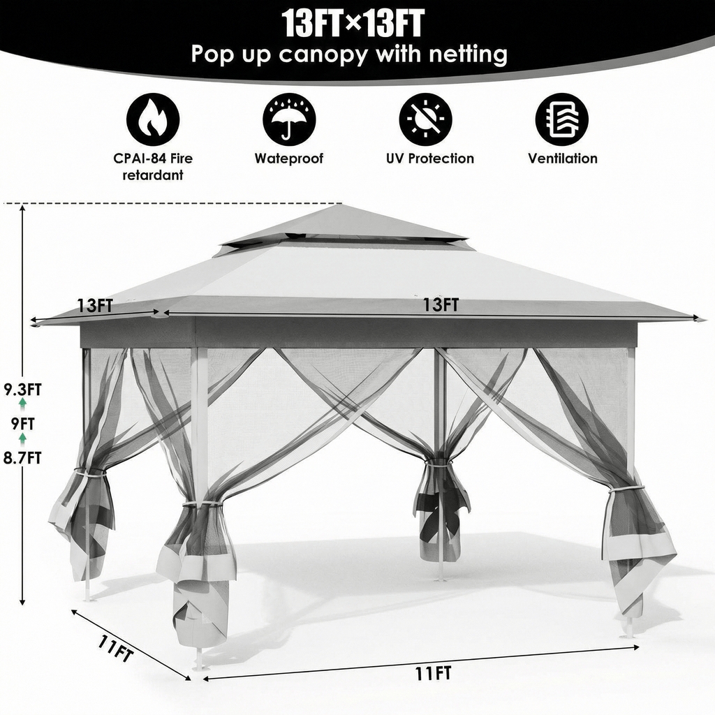 TLSUNNY Pop up Gazebo, 11'x11'/13'x13' Outdoor Canopy Tent with Nettings, Instant Folding Shelter, for Patio, Garden, Backyard
