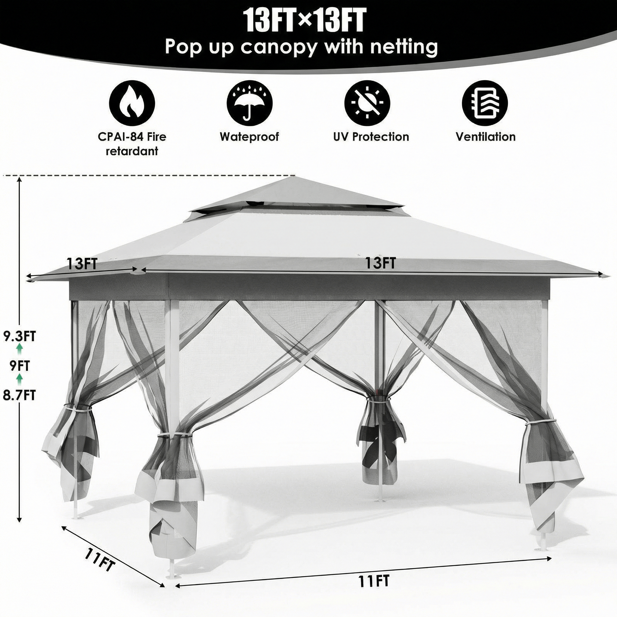 TLSUNNY Pop up Gazebo, 11'x11'/13'x13' Outdoor Canopy Tent with Nettings, Instant Folding Shelter, for Patio, Garden, Backyard