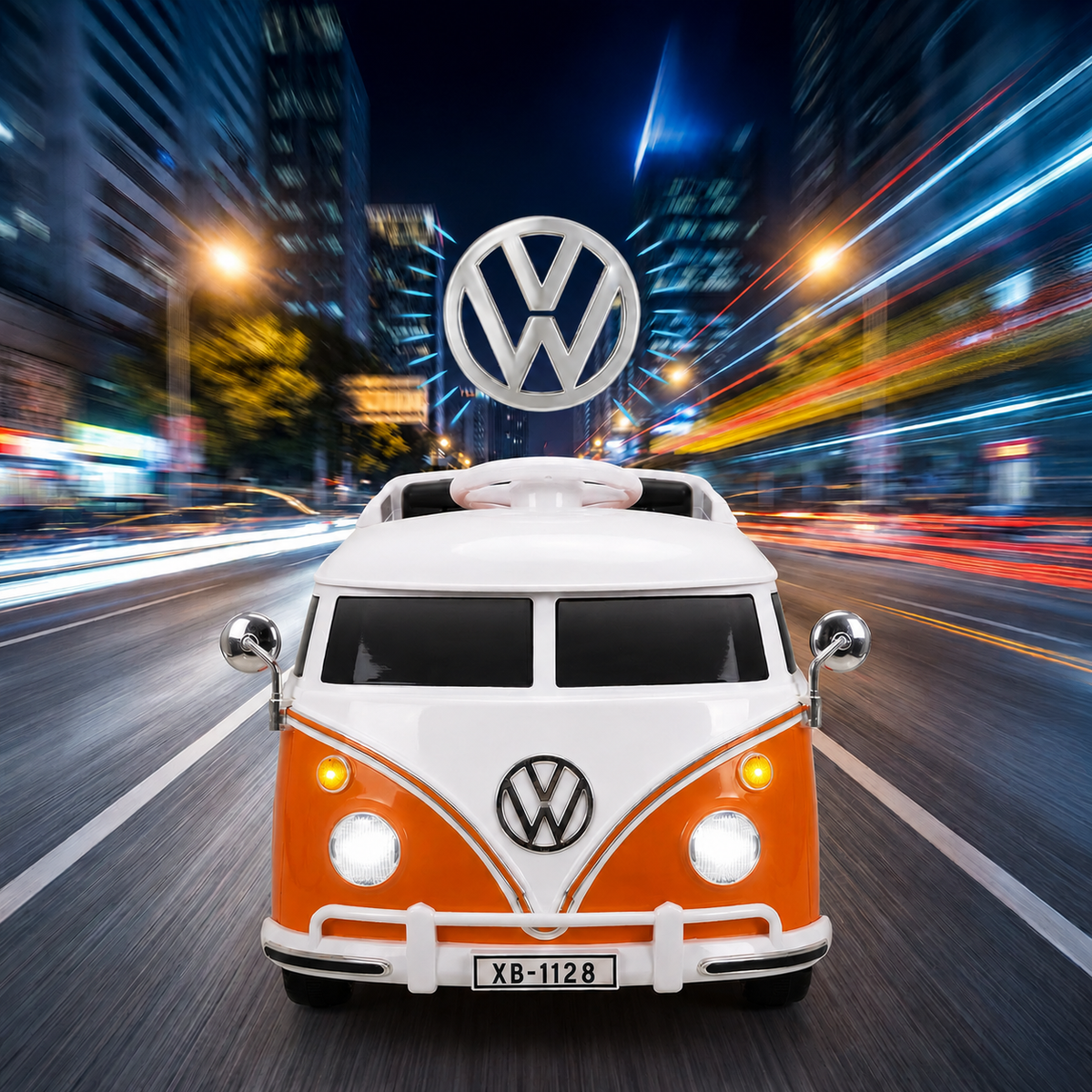 TLSUNNY 6V Kids Ride On Car, Licensed VW Bus, Electric Vehicle with Lights, Battery Powered Driving Toy, Ideal Gift for Kids, Orange