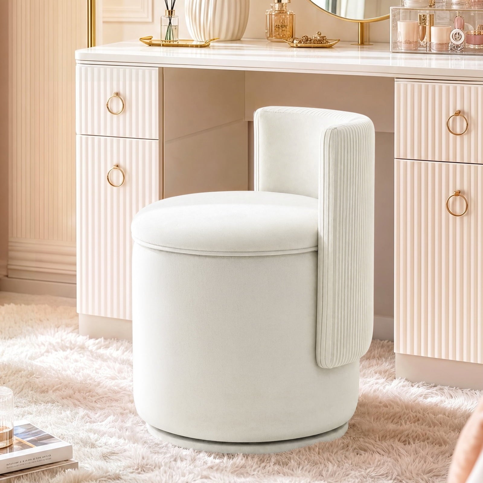 TLSUNNY Swivel Velvet Vanity Stool with Storage, 28L Hidden Storage Space, Modern Makeup Vanity Chair, 350LBS, Pink