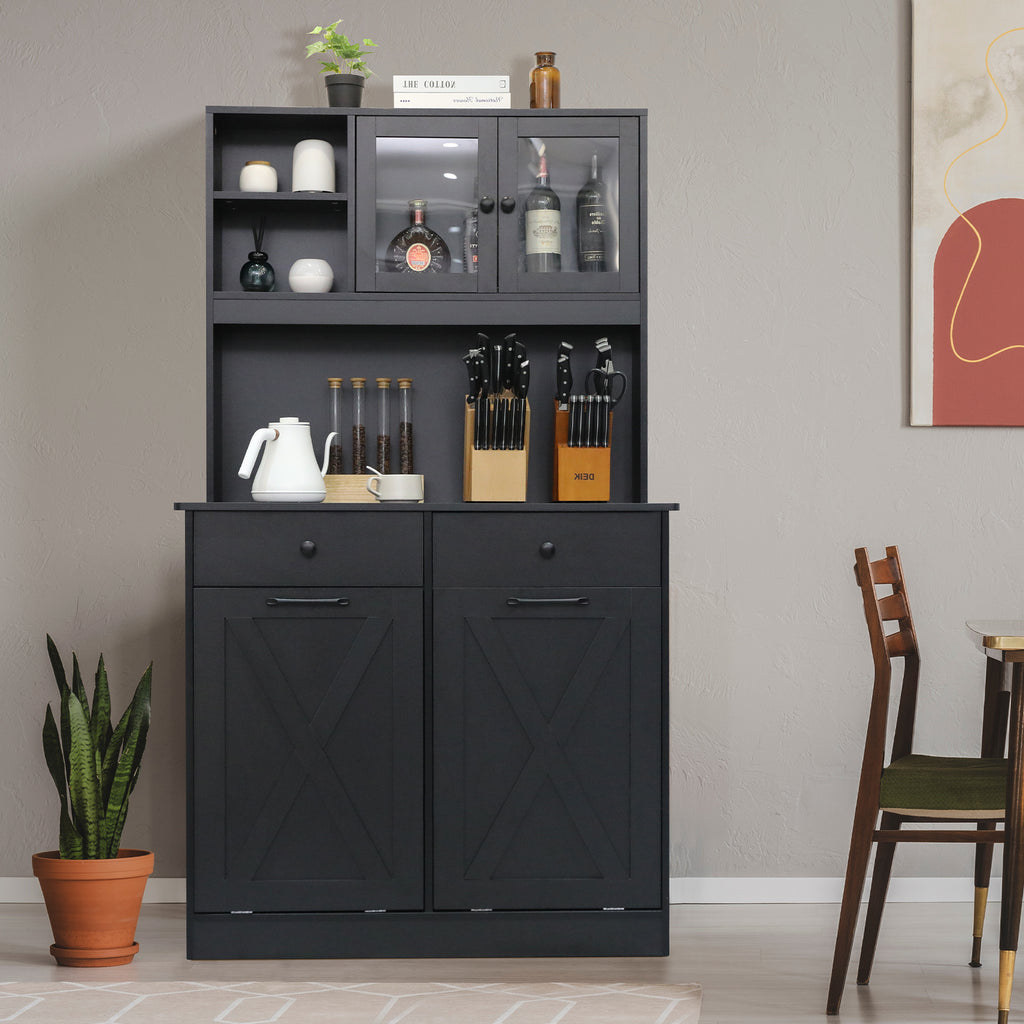TLSUNNY Double Tilt-Out Trash Cabinet, Freestanding Hidden Garbage Storage w/ Drawers & Shelves for Kitchen/Laundry Room