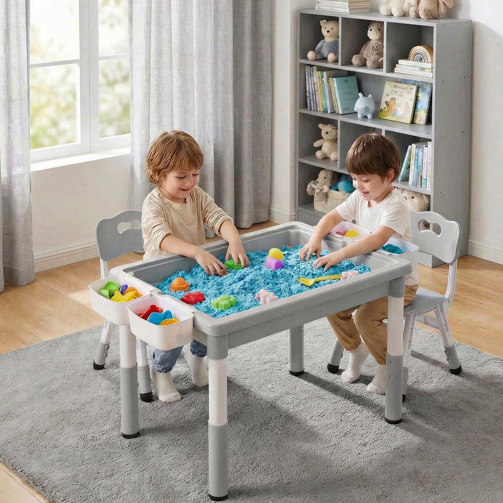 TLSUNNY Toddler Table and 2 Chairs Set, W/ Large Storage & Double-Sided Graffiti/Block Building Table Top, 4 Drawers, Height Adjustable
