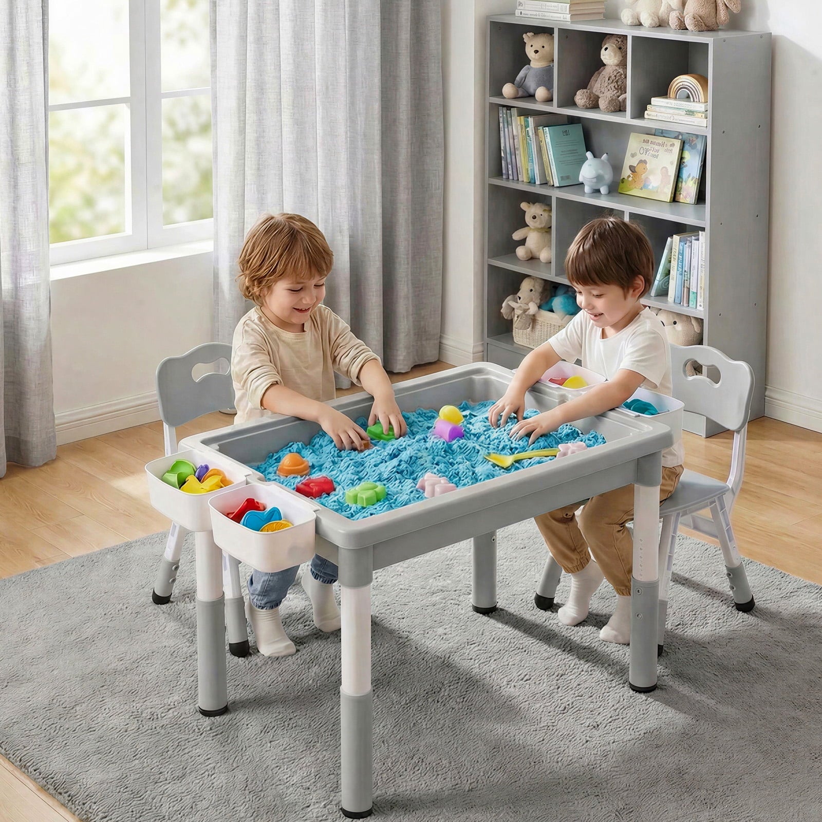 TLSUNNY Toddler Table and 2 Chairs Set, W/ Large Storage & Double-Sided Graffiti/Block Building Table Top, 4 Drawers, Height Adjustable