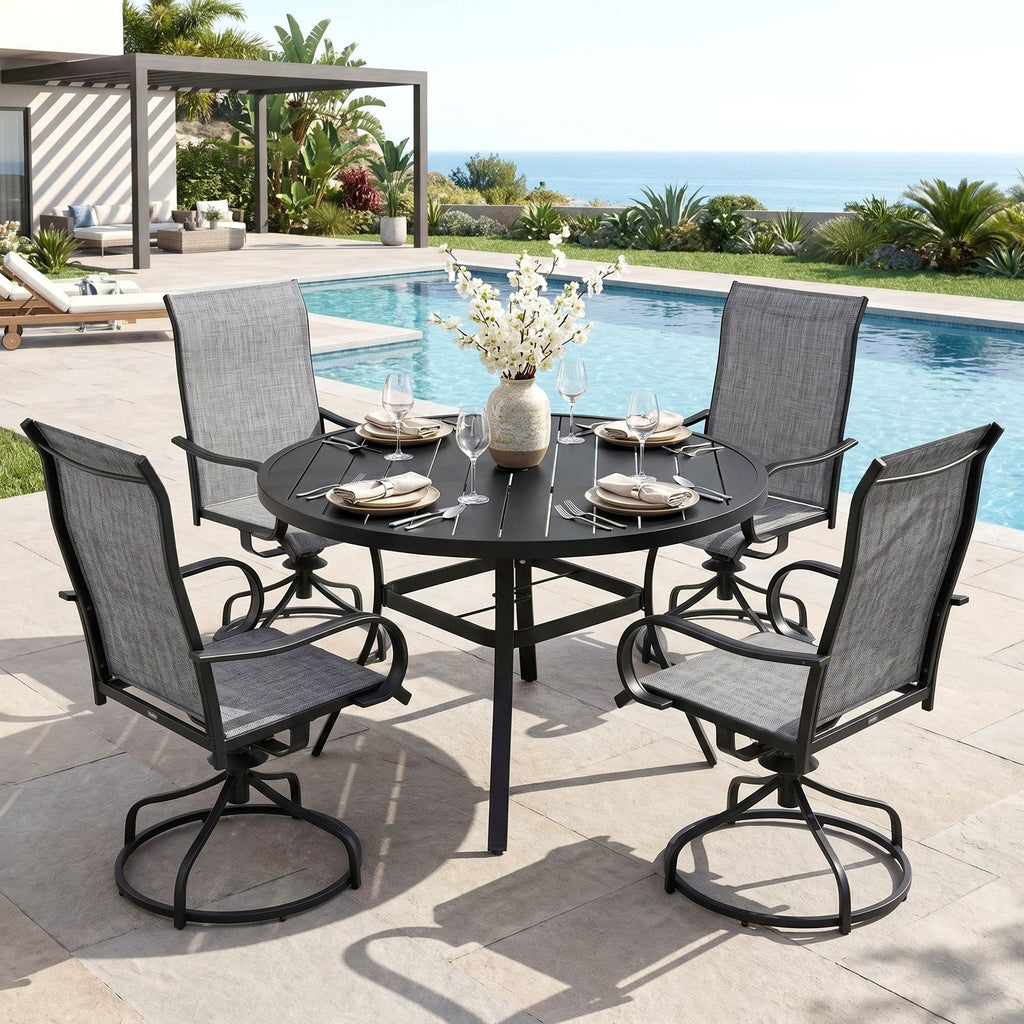TLSUNNY Outdoor Dining Set, Patio Metal Table and Swivel Chairs Set, W/ Umbrella Hole & Foot Pads, Outdoor Furniture for Backyard, Porch, Garden