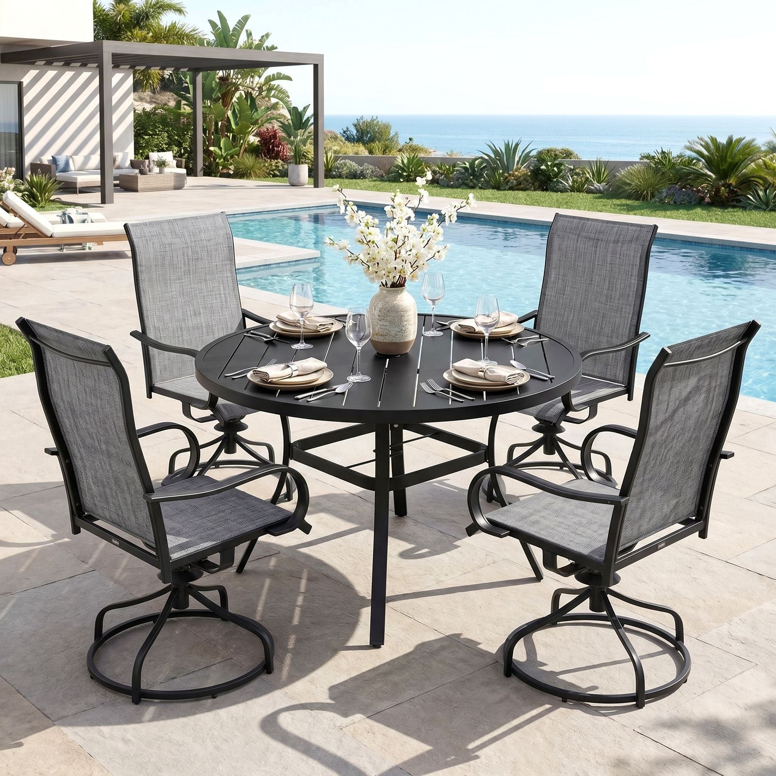 TLSUNNY Outdoor Dining Set, Patio Metal Table and Swivel Chairs Set, W/ Umbrella Hole & Foot Pads, Outdoor Furniture for Backyard, Porch, Garden