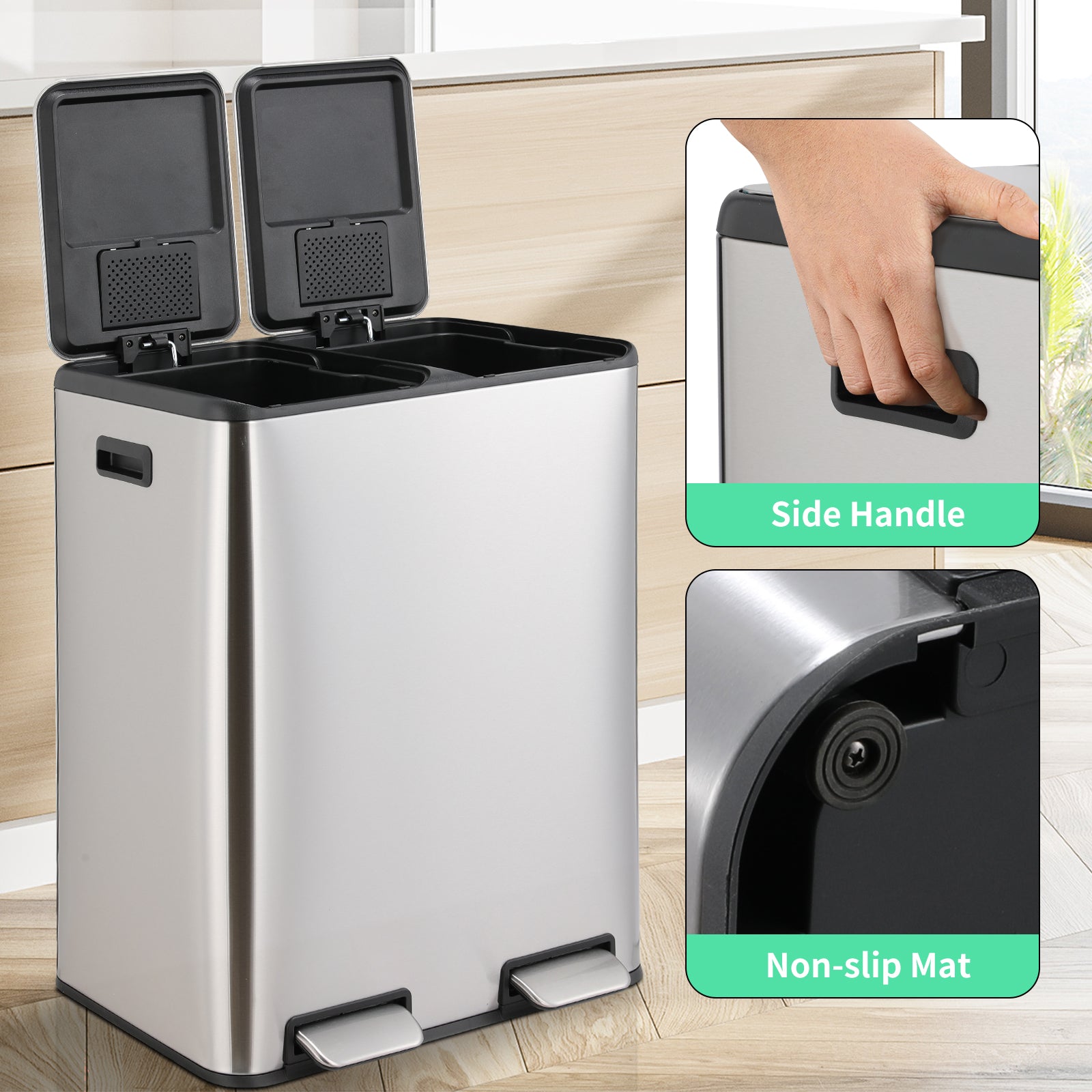 TLSUNNY 16 Gal / 60 L Dual Trash Can, Double Lid Step Bin w/ 2 Odor Control Box & Inner Buckets, for Living Room, Bathroom, Kitchen