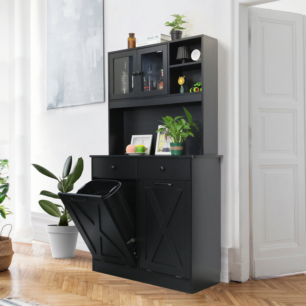 TLSUNNY Double Tilt-Out Trash Cabinet, Freestanding Hidden Garbage Storage w/ Drawers & Shelves for Kitchen/Laundry Room