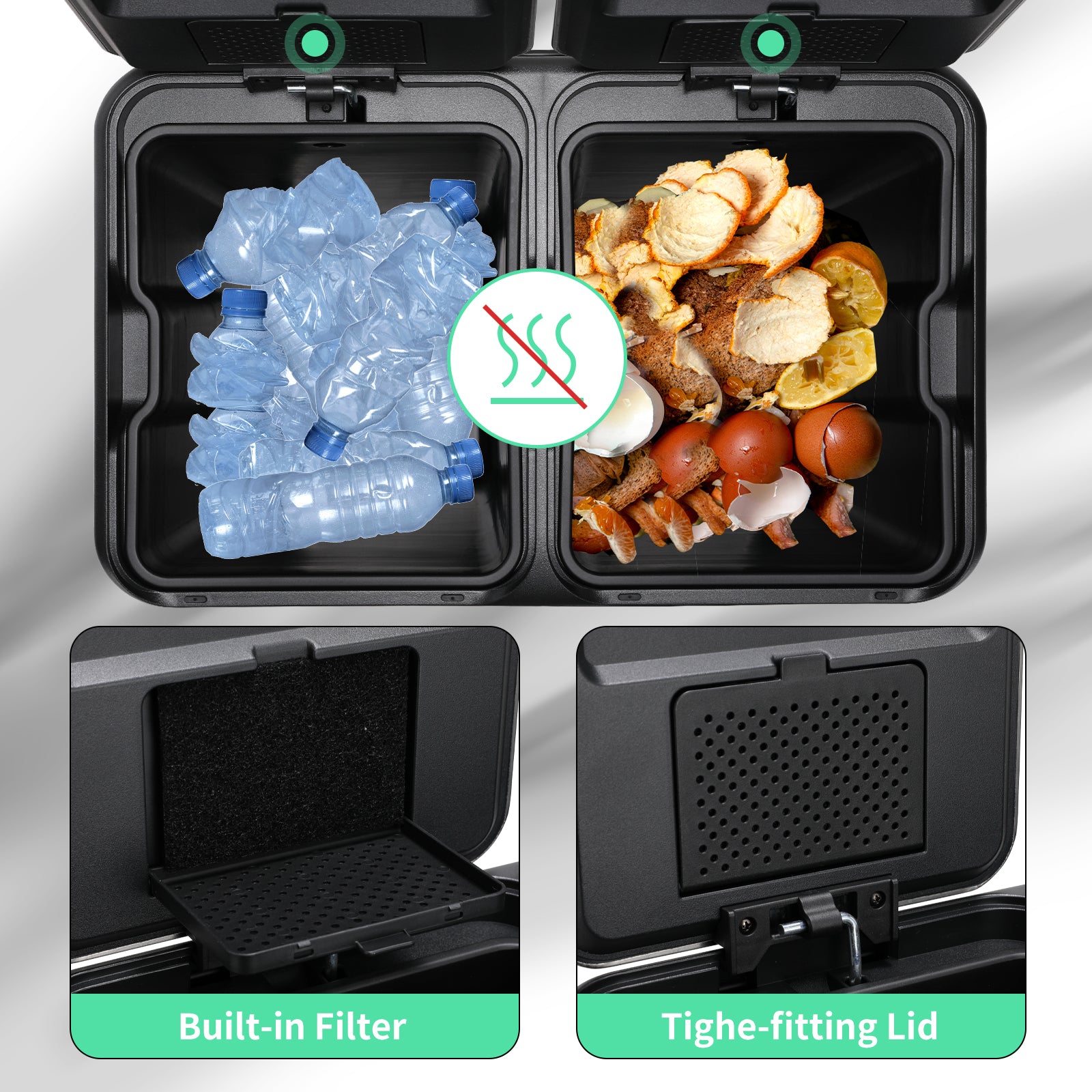 TLSUNNY 16 Gal / 60 L Dual Trash Can, Double Lid Step Bin w/ 2 Odor Control Box & Inner Buckets, for Living Room, Bathroom, Kitchen