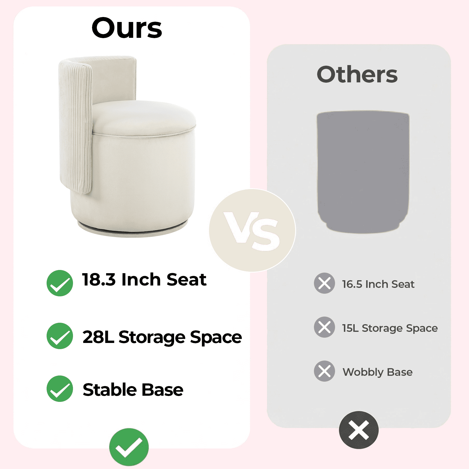 TLSUNNY Swivel Velvet Vanity Stool with Storage, 28L Hidden Storage Space, Modern Makeup Vanity Chair, 350LBS, Pink