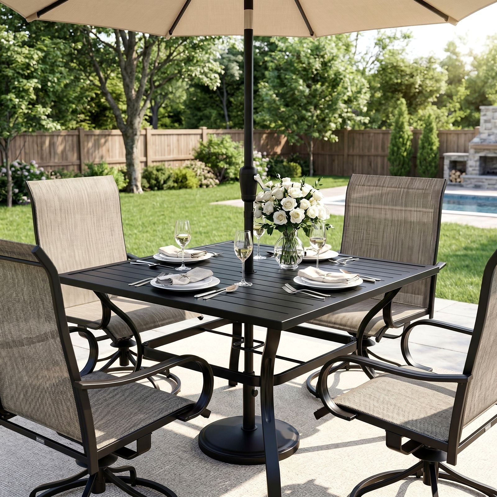 TLSUNNY Outdoor Dining Set, Patio Metal Table and Swivel Chairs Set, W/ Umbrella Hole & Foot Pads, Outdoor Furniture for Backyard, Porch, Garden