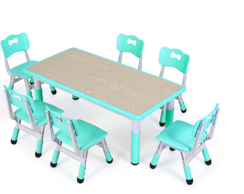 TLSUNNY Kids Table and 6 Chairs Set, Height Adjustable, Preschool Activity Table with Graffiti Top for Daycare Classroom, Ages 3-12