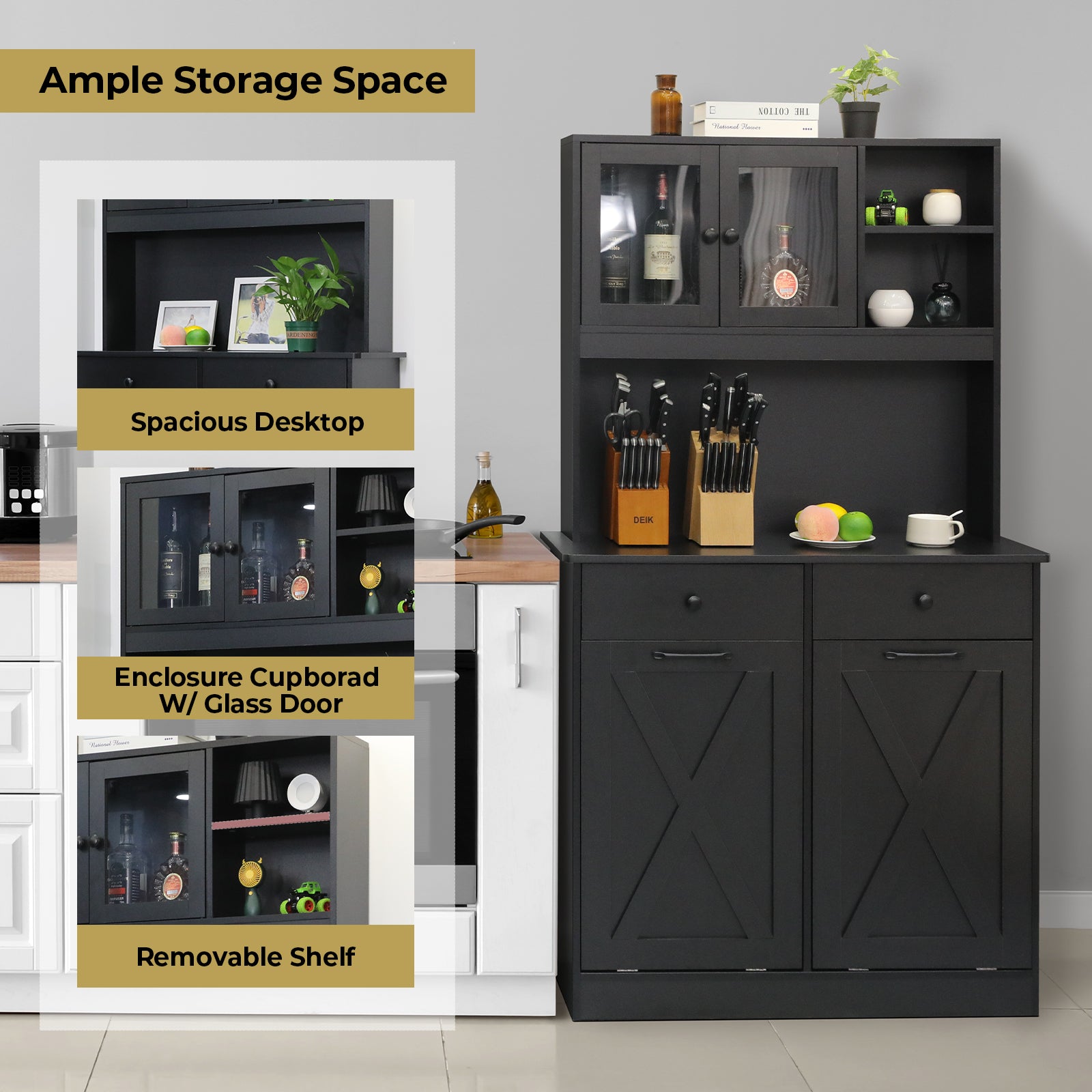 TLSUNNY Double Tilt-Out Trash Cabinet, Freestanding Hidden Garbage Storage w/ Drawers & Shelves for Kitchen/Laundry Room