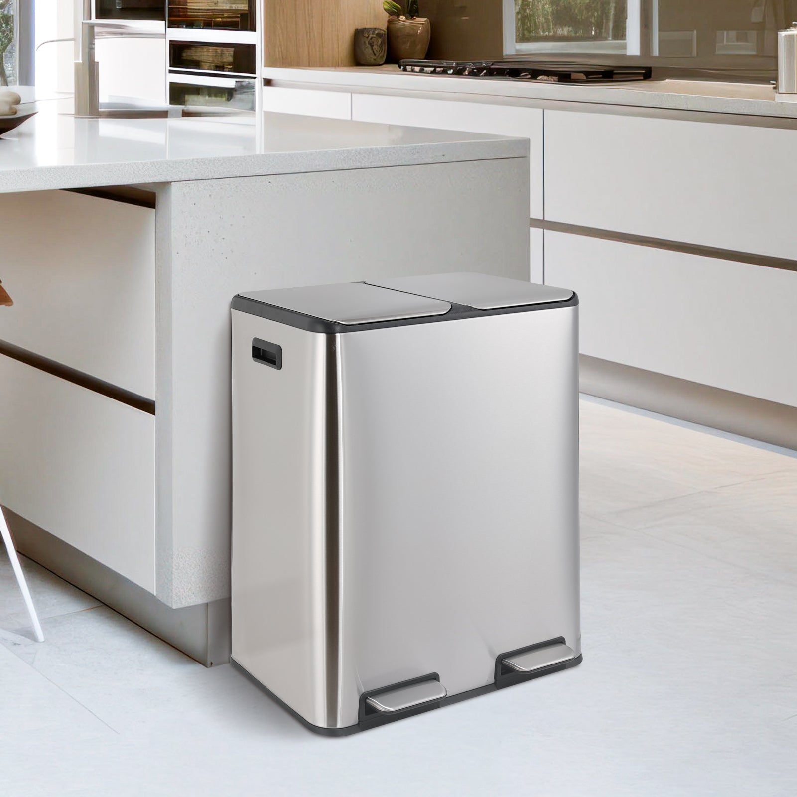 TLSUNNY 16 Gal / 60 L Dual Trash Can, Double Lid Step Bin w/ 2 Odor Control Box & Inner Buckets, for Living Room, Bathroom, Kitchen