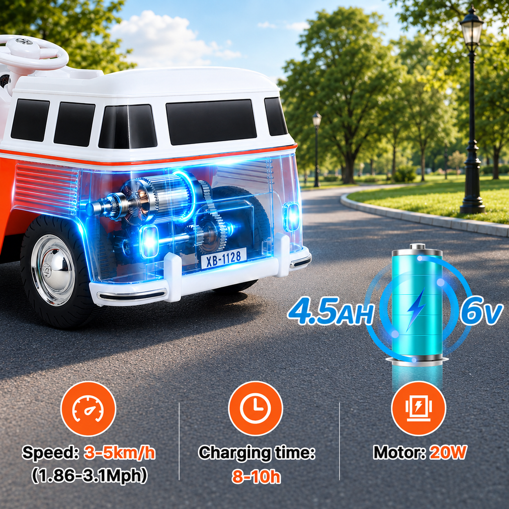 TLSUNNY 6V Kids Ride On Car, Licensed VW Bus, Electric Vehicle with Lights, Battery Powered Driving Toy, Ideal Gift for Kids, Orange