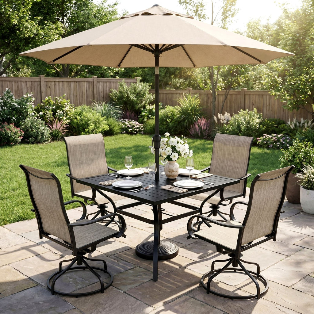TLSUNNY Outdoor Dining Set, Patio Metal Table and Swivel Chairs Set, W/ Umbrella Hole & Foot Pads, Outdoor Furniture for Backyard, Porch, Garden