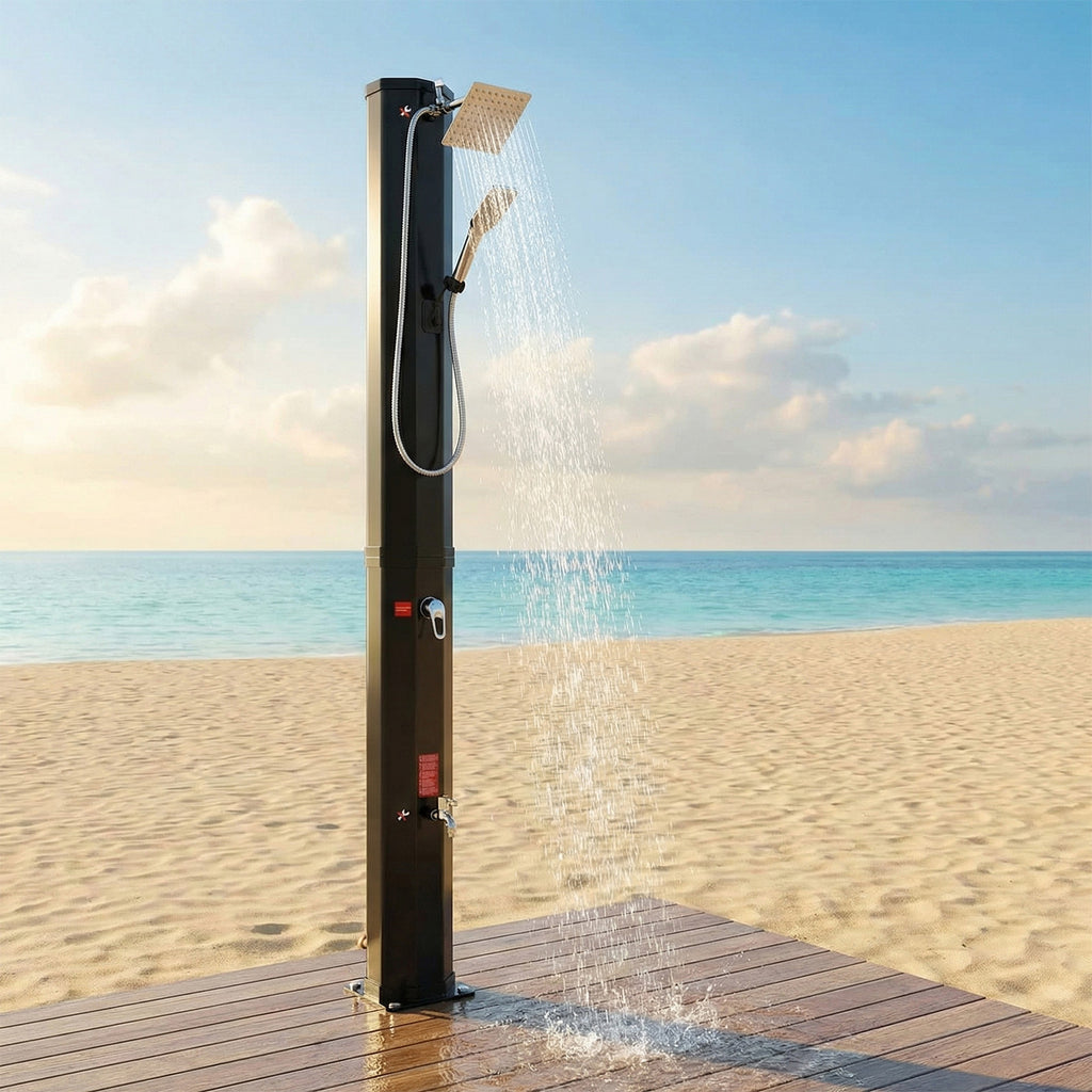 TLSUNNY 7.1FT 9.3 Gallon Solar Heated Shower with Shower Head, Handhold & Foot Tap for Poolside Backyard Beach Spa