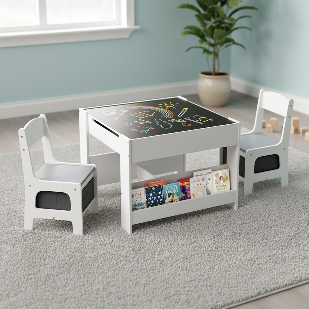 TLSUNNY Kids Table and Chairs Set, 4-in-1 Toddler Activity Art Table with Bookshelf Storage & Reversible Top, for Drawing, Playing, Learning