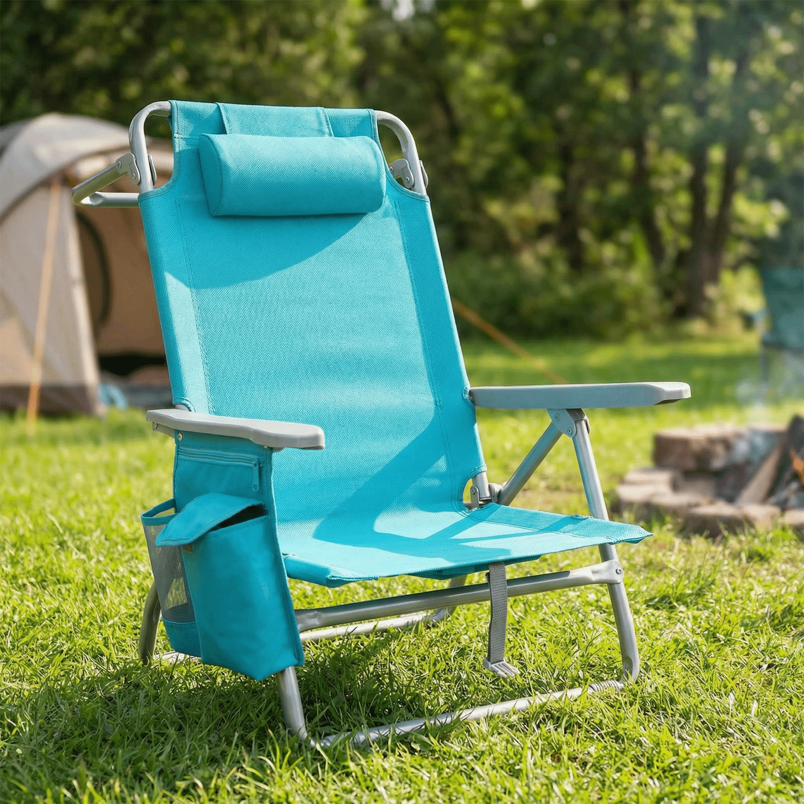 TLSUNNY Backpack Beach Chair Set of 1/2, Outdoor 5-Level Adjustable Folding Chair, w/ Cup Holder, Headrest, Storage Bag, Cooler Pouch, for Camping