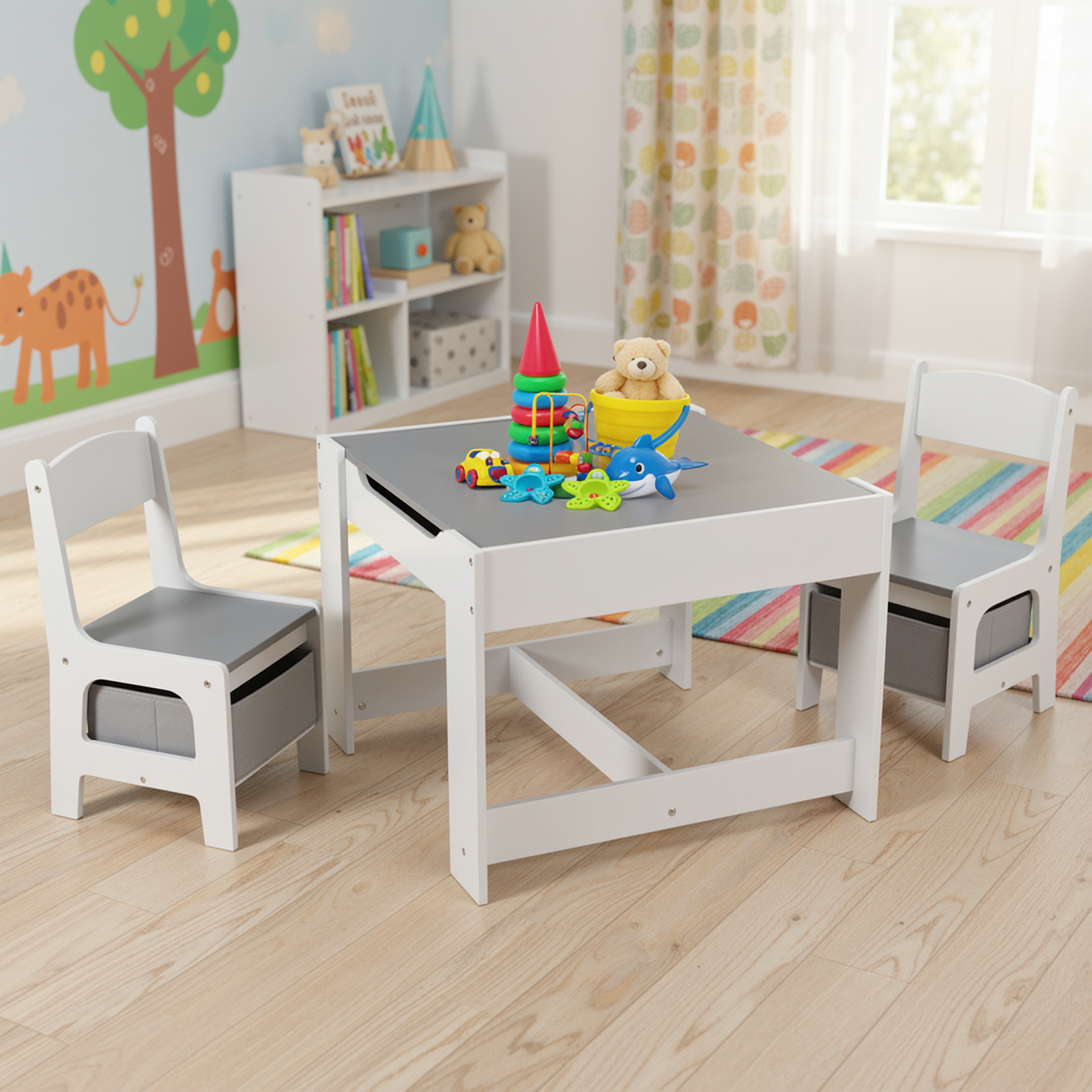 TLSUNNY Kids Table and 2 Chairs, 4-in-1 Toddler Activity Set with Blackboard, Reversible Desk & Storage Organization, for Age 3 +
