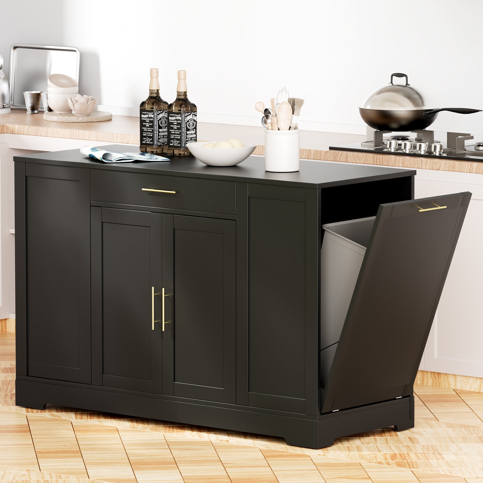 TLSUNNY 53" Kitchen Island w/ 13 Gal Trash Can Storage Cabinet, Portable Kitchen Island, Open Side Shelves and Drawer
