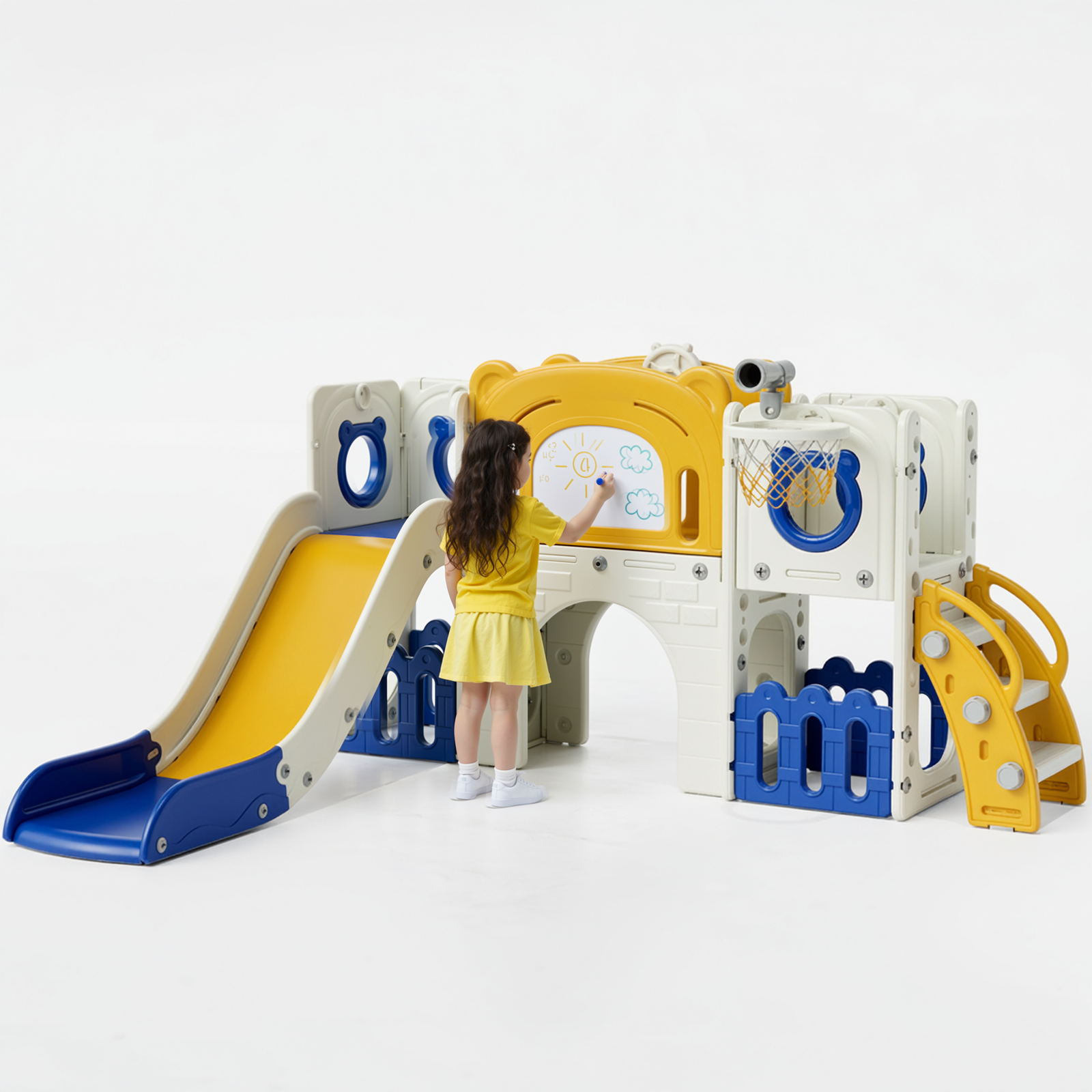 TLSUNNY 10-in-1 Kids Slide & Climber Set, with Basketball Hoop, Telescope, Drawing Board, Tunnel, Indoor Outdoor Toddler Playset