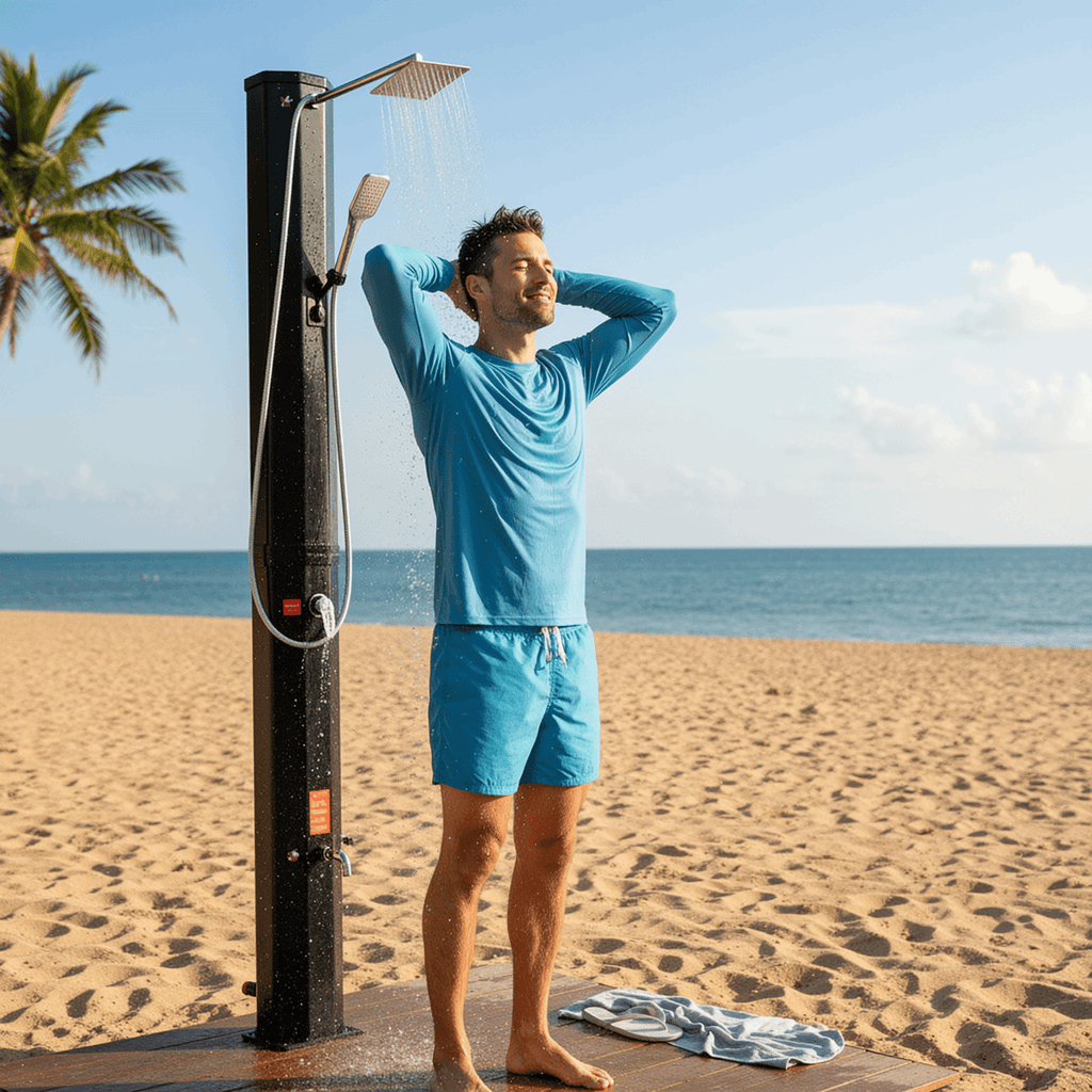TLSUNNY 7.1FT 9.3 Gallon Solar Heated Shower with Shower Head, Handhold & Foot Tap for Poolside Backyard Beach Spa