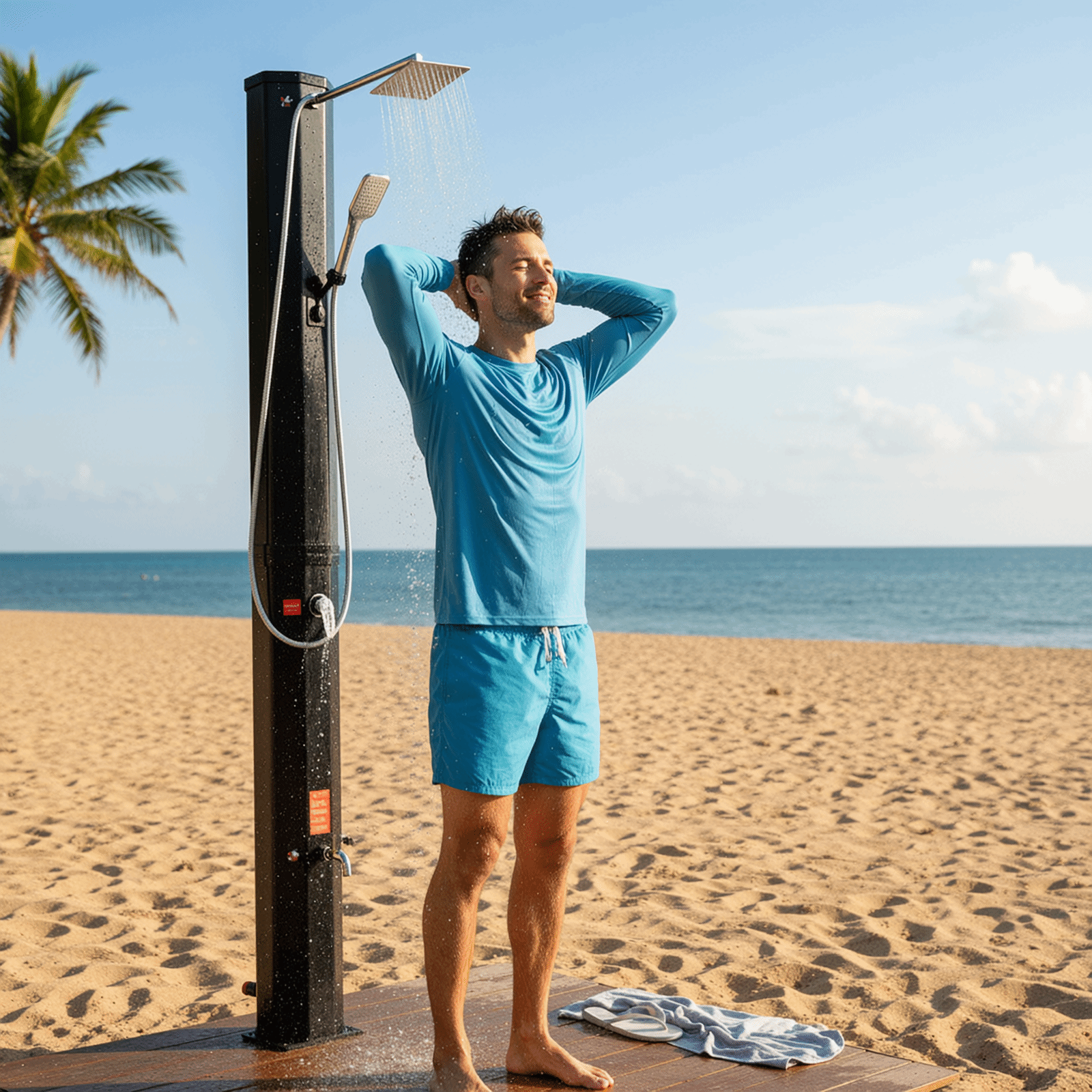 TLSUNNY 7.1FT 9.3 Gallon Solar Heated Shower with Shower Head, Handhold & Foot Tap for Poolside Backyard Beach Spa