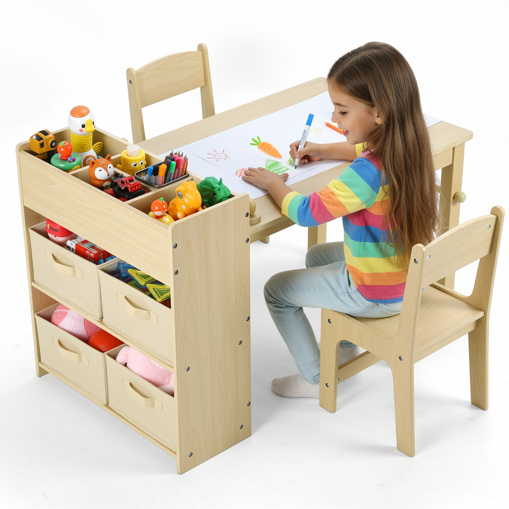 TLSUNNY Kids Art Table and 2 Chairs, Massive Storage, Toddler Craft Desk Set, w/ Paper Roll & 4 Storage Bins, Age 3+