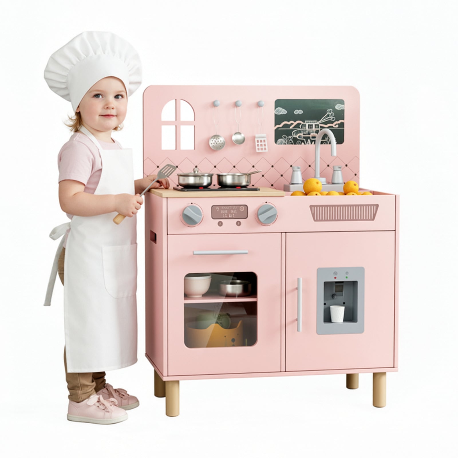 TLSUNNY Kids Play Kitchen Set, w/ Realistic Lights & Knob Sounds, Wooden Play Kitchen with Water Dispenser & Chalkboard for Age 3+