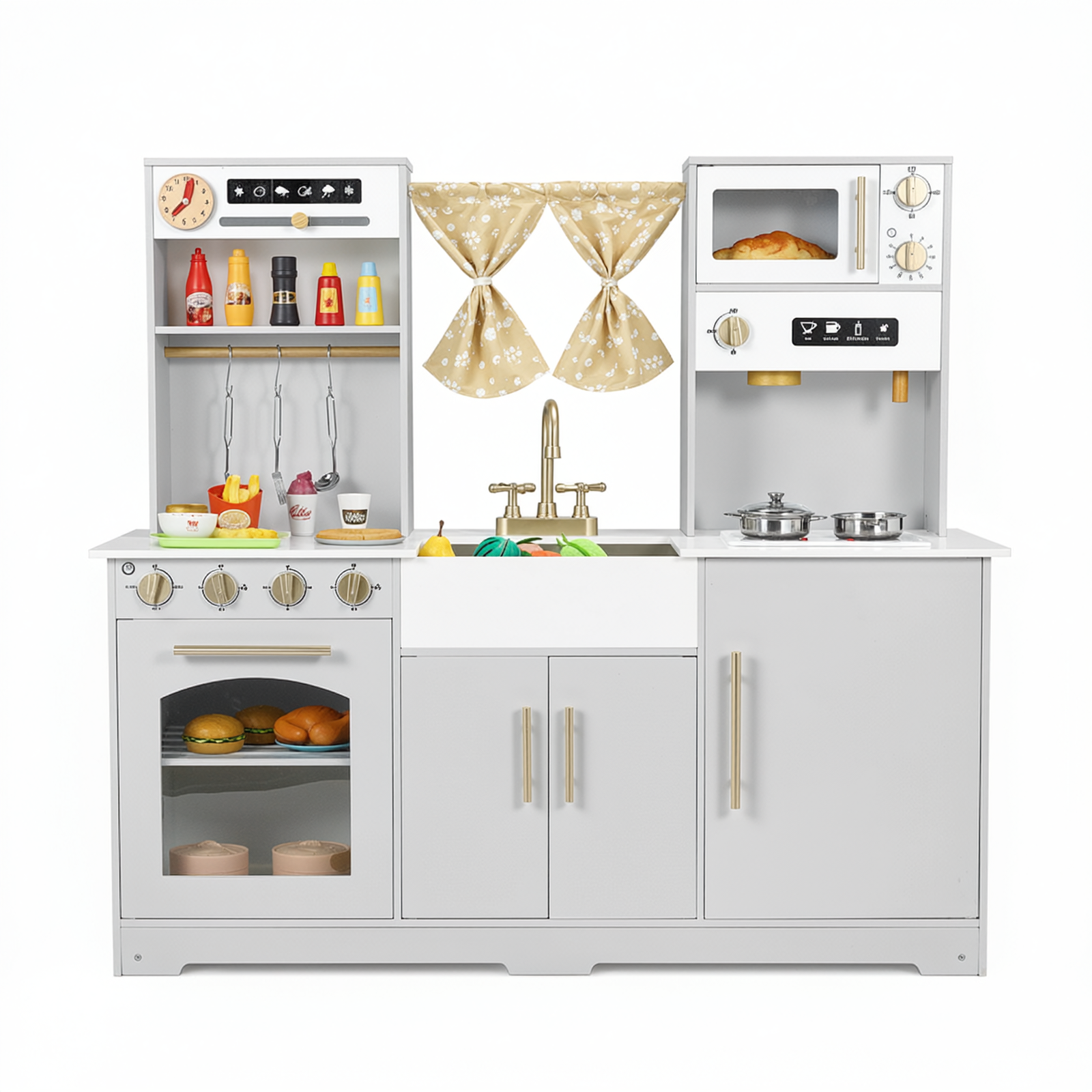 TLSUNNY Kids Play Kitchen with Realistic Lights & Sounds, Wooden Toy Pretend Play Kitchen Set w/ Sink, Faucet, Microwave, Curtain for Ages 3+
