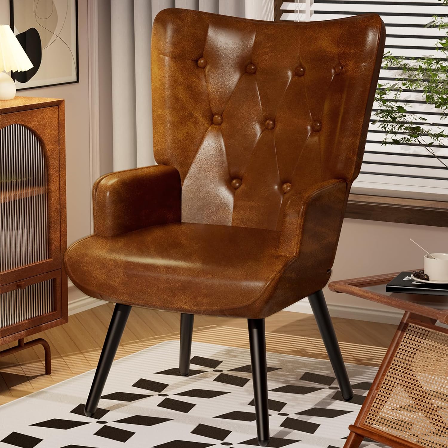 TLSUNNY Accent Chair, Comfy Upholstered Armchair with Metal Legs, High Backrest Living Room Chair, Wingback Chair Mid Century Modern for Living Room/Vanity/Bedroom
