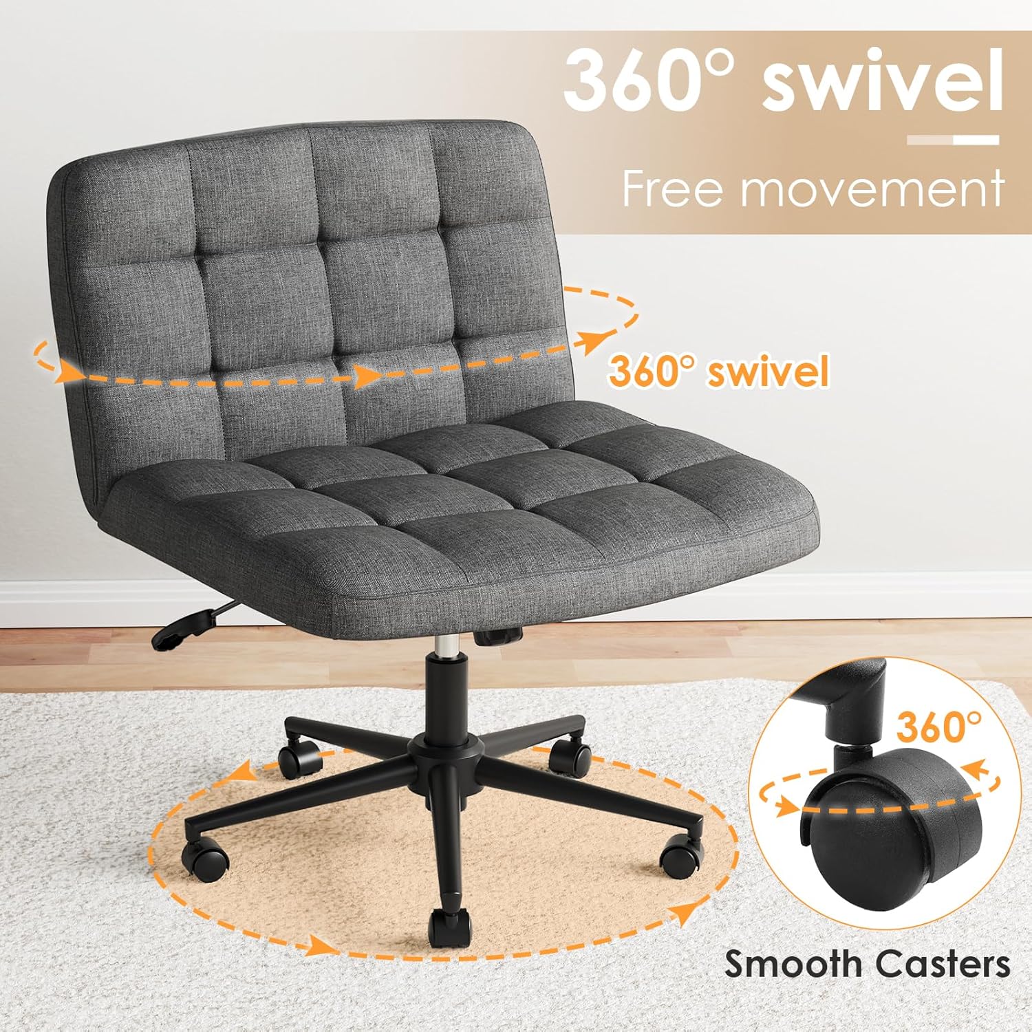 TLSUNNY 360° Swivel Height Adjustable Armless Chair, w/ Wheels and Comfy Wide Cushion, Criss Cross Office Chair, for Home/Bedroom