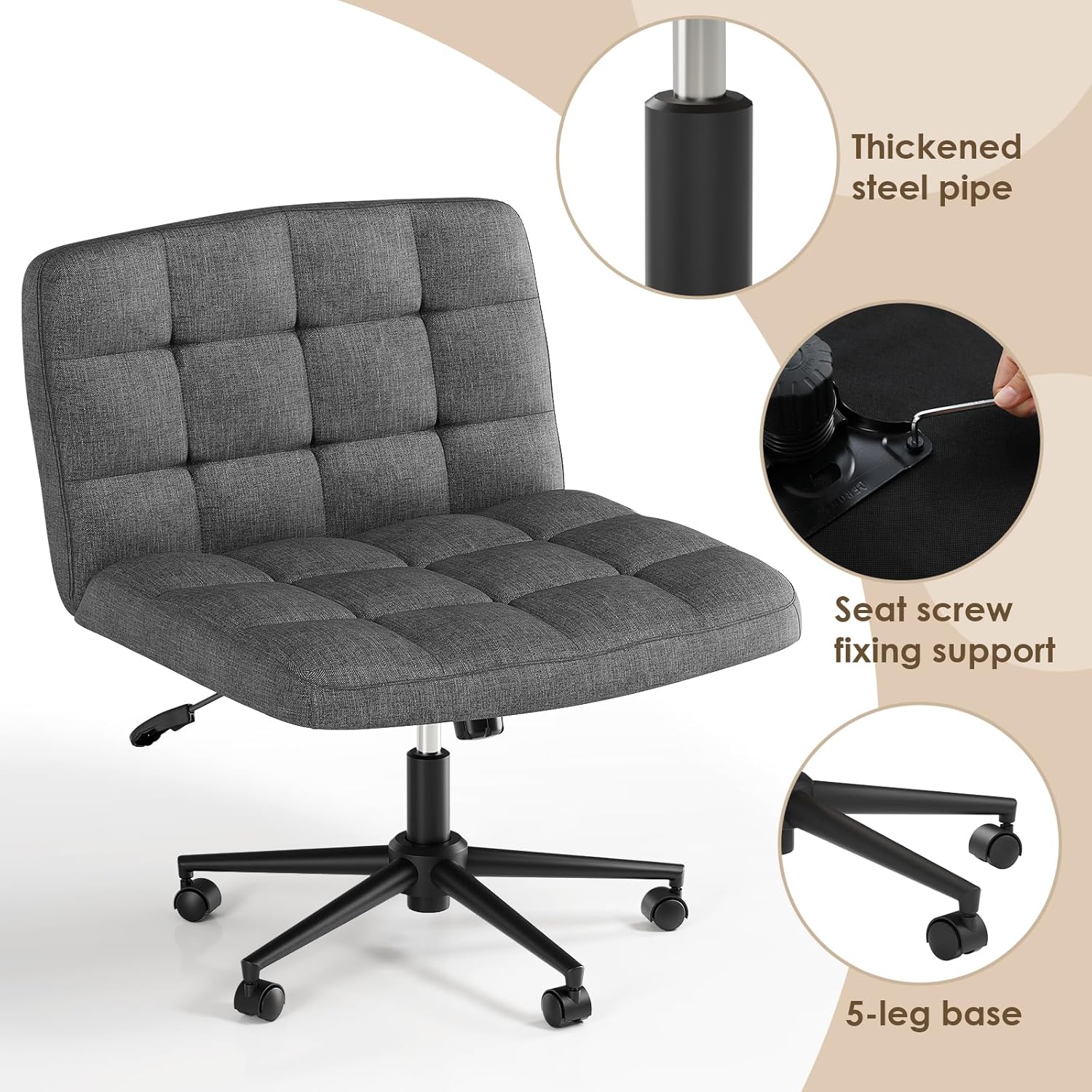 TLSUNNY 360° Swivel Height Adjustable Armless Chair, w/ Wheels and Comfy Wide Cushion, Criss Cross Office Chair, for Home/Bedroom