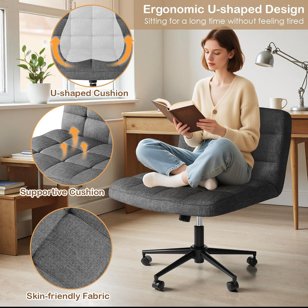 TLSUNNY 360° Swivel Height Adjustable Armless Chair, w/ Wheels and Comfy Wide Cushion, Criss Cross Office Chair, for Home/Bedroom
