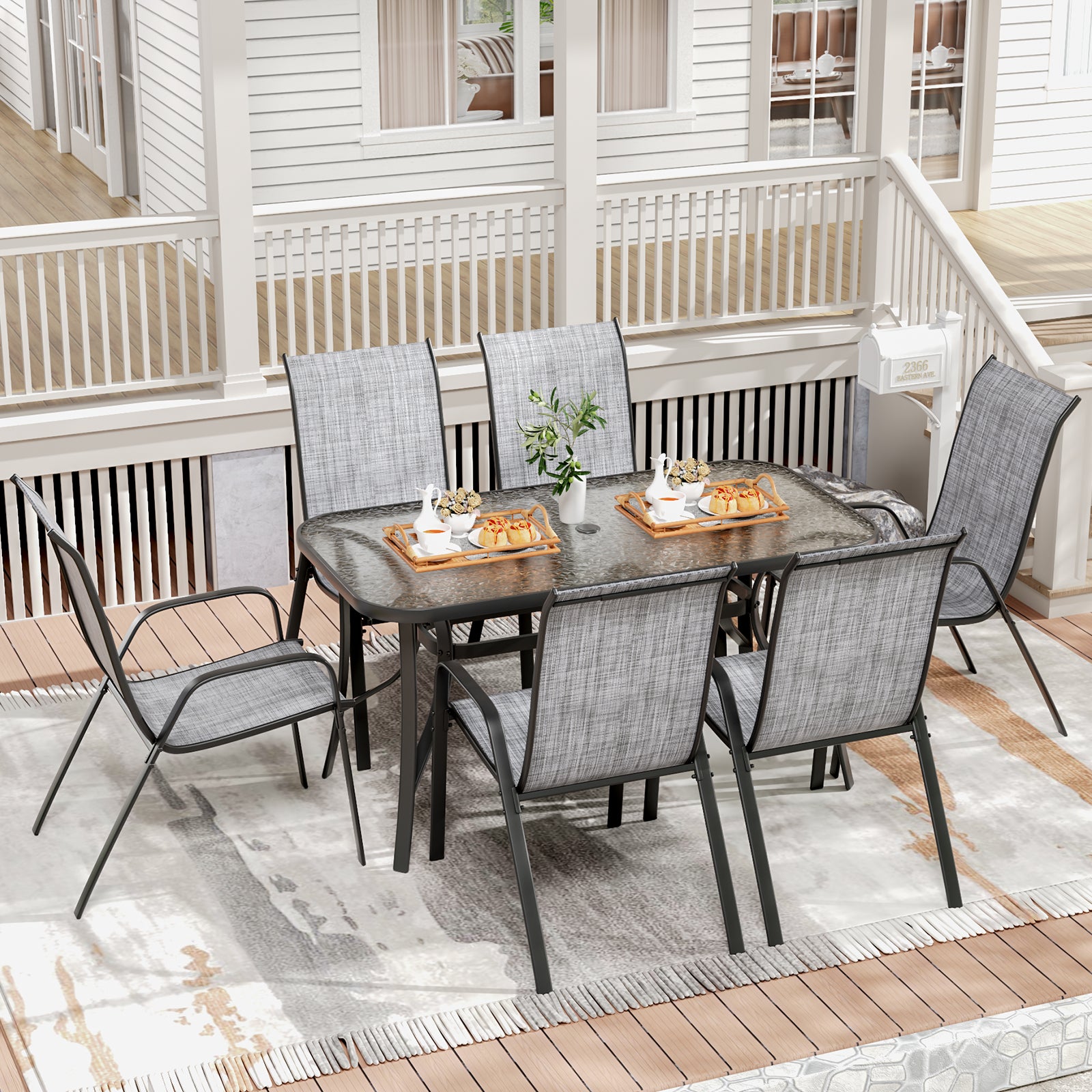 TLSUNNY Patio Table and 6 Chairs Set, Outdoor Furniture Set of 7, Widened Table w/ Umbrella Hole, Stackable Textilene Chairs, for Backyard, Porch, Garden
